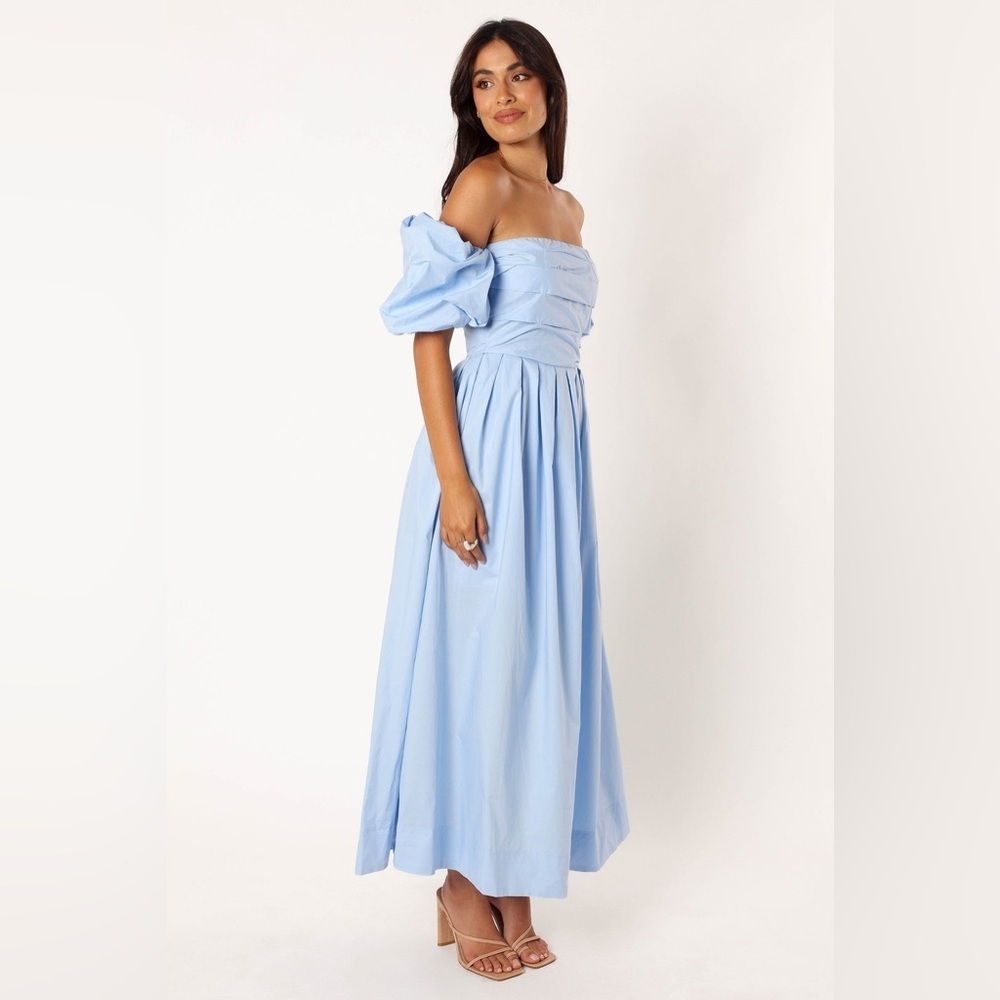 NEW PETAL & PUP SOLANA OFF SHOULDER MIDI DRESS - BLUE SIZE 4 B3052 - Picture 5 of 8